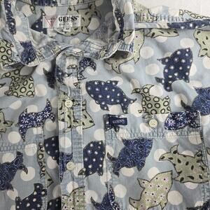 Guess Blue Fish Polka Dot Button Up VTG Shirt Med USA Travel Camp Vacation Retro